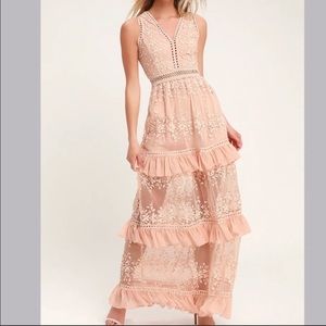 Lulu’s Garden Dreams Blush Lace Tiered Maxi Dress